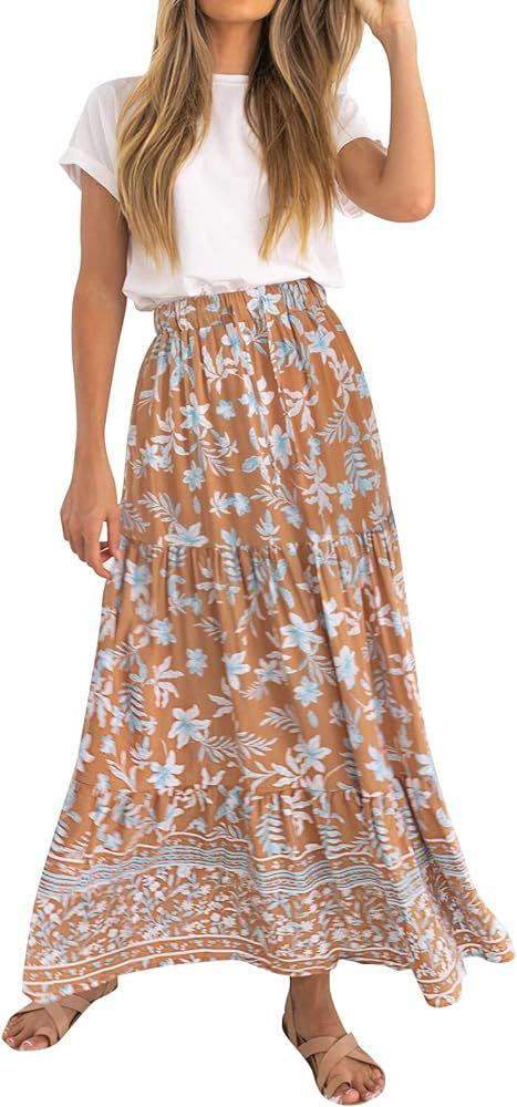 ZESICA Women's 2024 Bohemian Floral Printed Elastic Waist A Line Maxi Skirt with Pockets | Amazon (US)