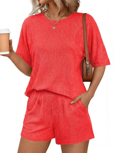 Ekouaer Women 2 Piece Lounge Set 2026 Summer Cruise Outfits Ribbed Loose Short Sleeve Matching Sets with pocket,Light Brown,X-Large | Amazon (US)