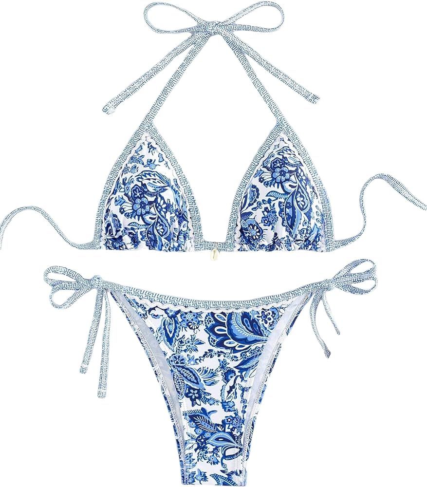 BYFINECANY Women's Floral Printed Bathing Suit Halter Paisley Summer Swimsuit Bikinis Set | Amazon (US)