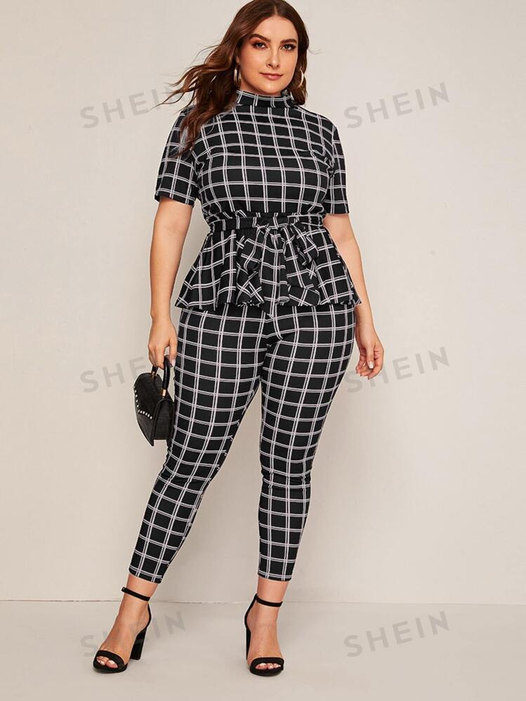 SHEIN Clasi Plus Mock-neck Belted Plaid Peplum Top & Leggings Set | SHEIN
