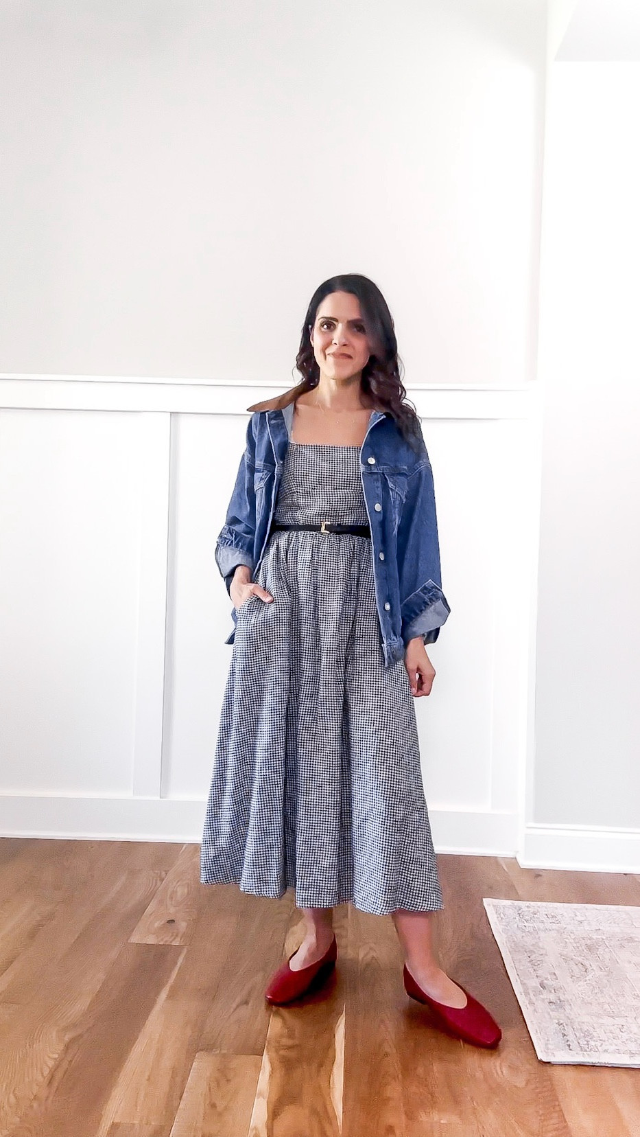 Cutest Spring outfit! Love this @Quince gingham dress (wearing XS) 

Jacket: @Anthropologie
Flats: @Madewell 

#LTKgrwm #LTKootd