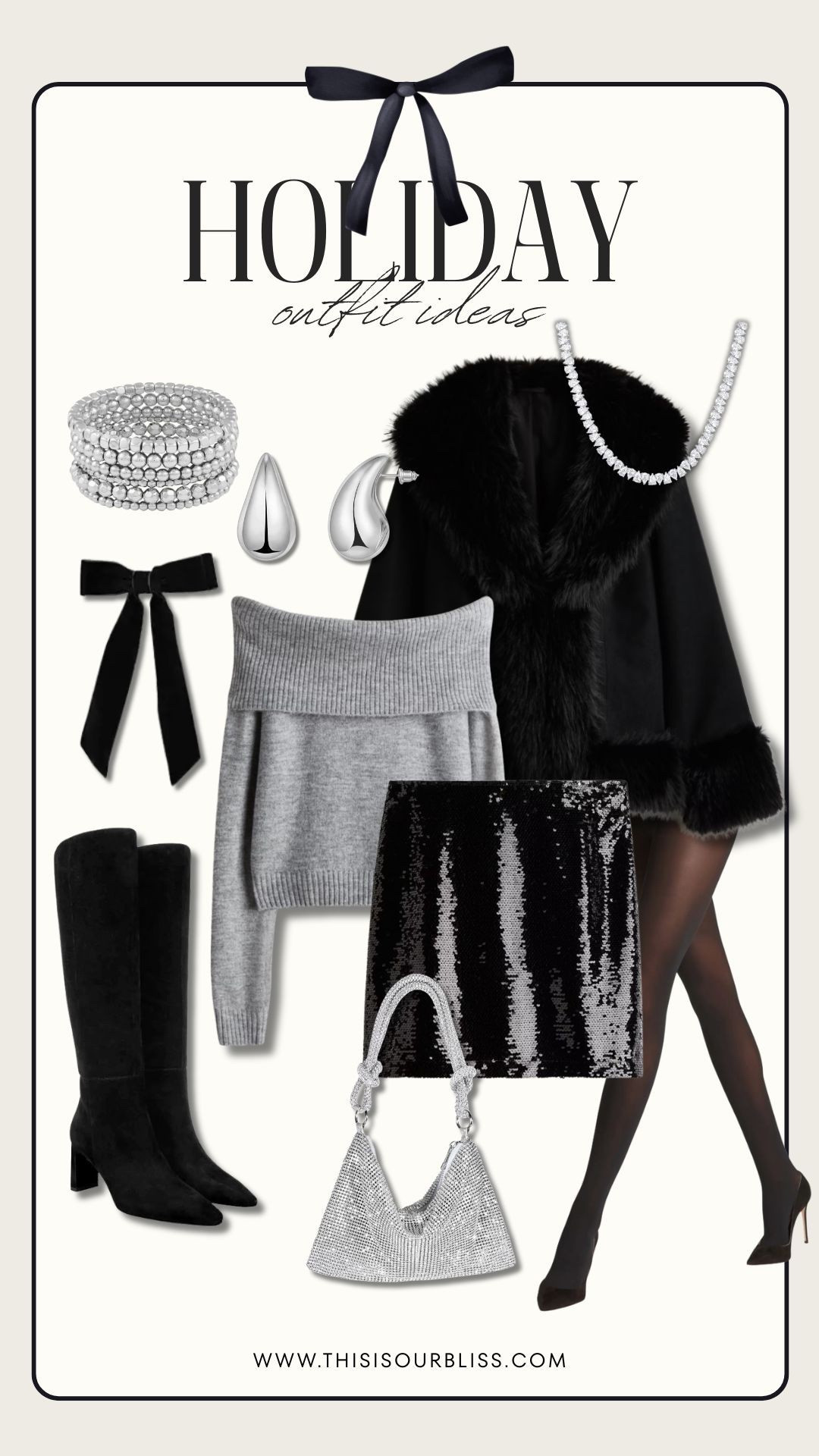 If “elegant holiday magic” was an outfit… this would be it. 🖤✨ Stacked silver bracelets, teardrop silver earrings, a black sequin skirt from H&M, ribbed sheer tights from Nordstrom, and the coziest off-the-shoulder gray sweater. Topped with a chic fur-trimmed black coat and tall black boots. Finished with a silver handbag from Amazon + velvet bow for the perfect festive touch. 

#LTKHoliday #LTKGiftGuide #LTKSaleAlert