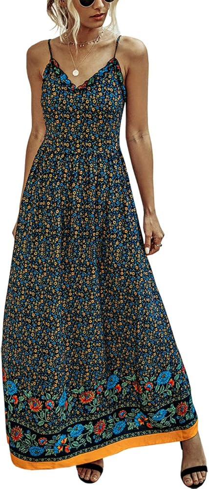 KIRUNDO Summer Women’s Spaghetti Maxi Dress V Neck High Waist Backless Adjustable Straps Floral... | Amazon (US)