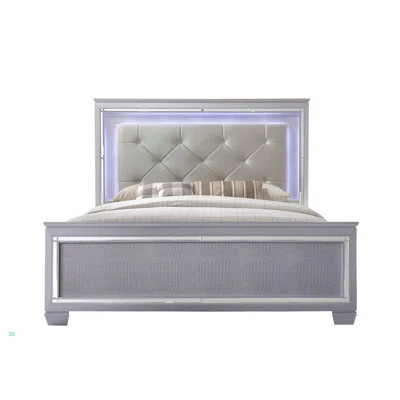 1Pc Modern LED Faux Leather Upholstery Panel Bed Beveled Mirror Accents Textured Footboard Finish | Wayfair North America