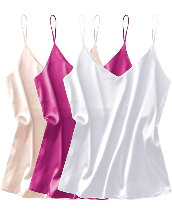 Ekouaer 3 Pack: Womens Silk Satin Tank Top V Neck Camisole Cami Spaghetti Strap Top Loose Sleevel... | Amazon (US)