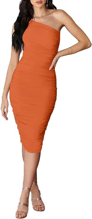 GEMEIQ Women’s Ruched One Shoulder Bodycon Midi Dress Sexy Sleeveless Cocktail Party Pencil Dre... | Amazon (US)