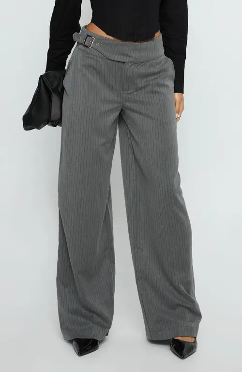Princess Polly Jinny Pinstripe Buckle Waist Wide Leg Pants in Grey Pinstripe at Nordstrom, Size 0 | Nordstrom