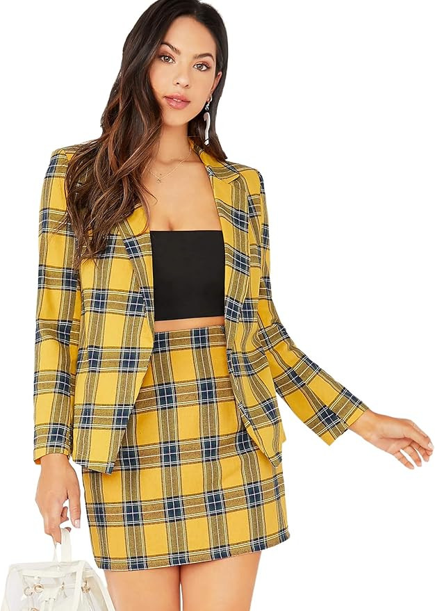 MakeMeChic Women's Two Piece Plaid Long Sleeve Blazer and Zipper Skirt Set Suit | Amazon (US)