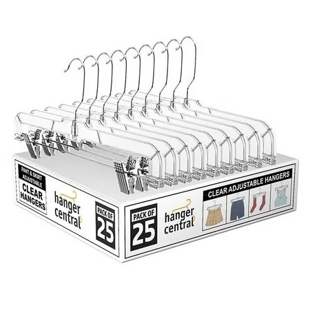 Hanger Central 25 Pack 14", Clear Skirt Hangers with Adjustable Clips, Non-Slip Plastic Pant Hangers, Slim Clip for Pants, Skirts, Shorts, 360-Rotating Swivel Hook | Walmart (US)
