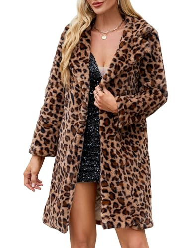 Rixiland Women's Faux Fur Coat Fuzzy Warm Winter Long Fur Jackets Cardigan Outerwear with Pockets Overcoat (Leopard-XXL) | Amazon (US)