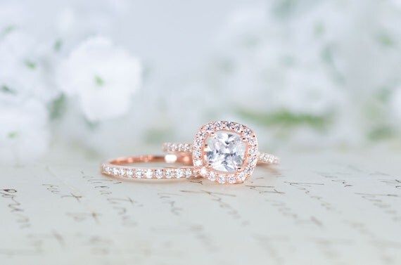 Halo Wedding Ring Set - Cushion Cut Ring - Engagement Ring - Rose Gold Ring - Sterling Silver Ring | Etsy (US)