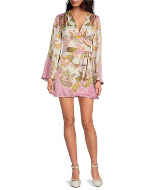Jenni Paisley Printed Satin V-Neck Long Sleeve Mini Wrap Dress | Dillard's
