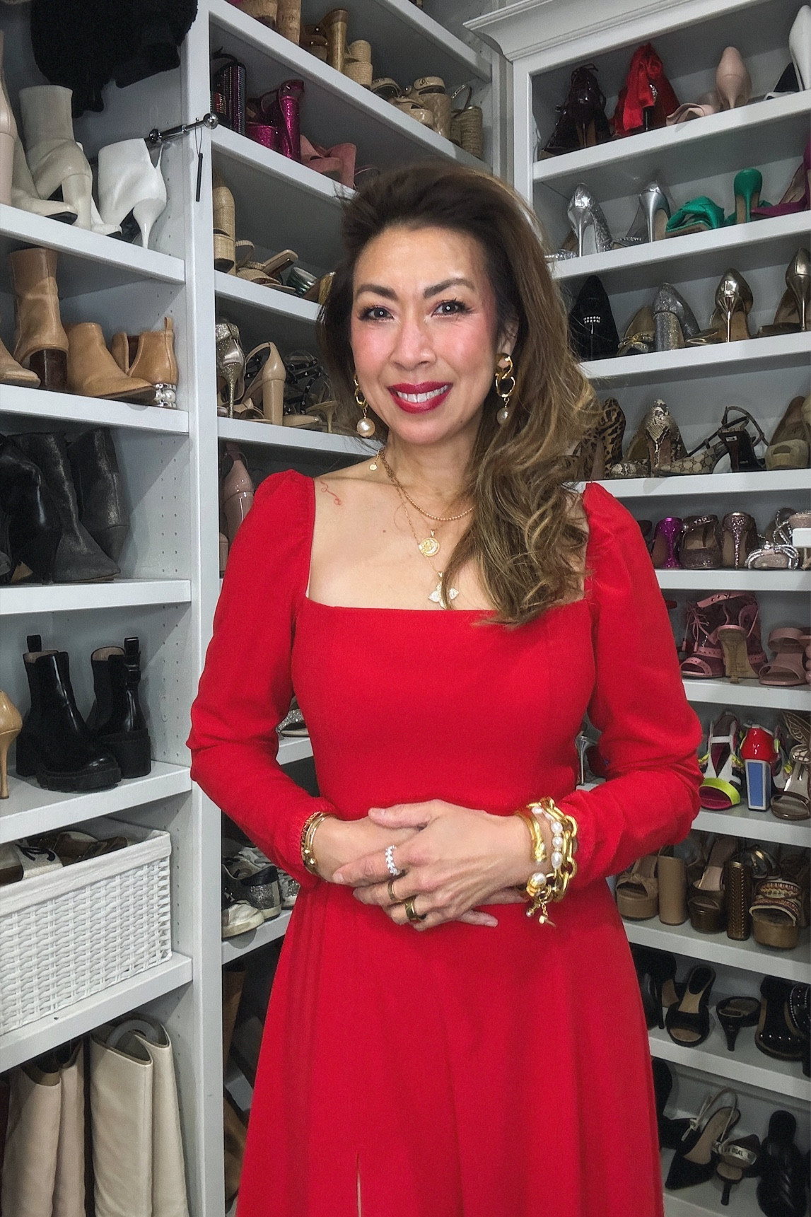 Style of Sam wearing red square neckline few moda dress, Victoria Emerson necklaces, & Julie Vos bracelets. #styleofsam #holidaydress 

#LTKHoliday #LTKGiftGuide #LTKCyberWeek