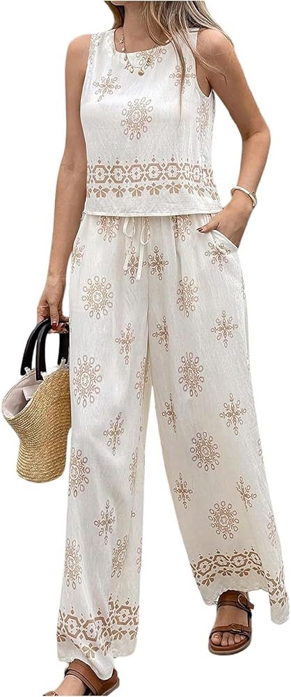 WDIRARA Women's 2 Piece Vacation Outfits Boho Print Tank Wide Leg Pants Set | Amazon (US)