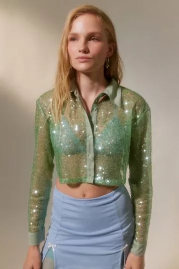 UO Shelly Sheer Sequin Button-Down Top | Urban Outfitters (US and RoW)