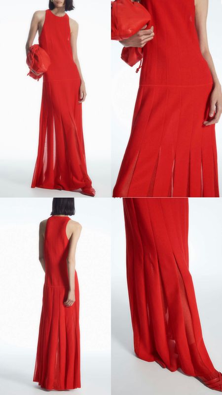 Cocktail dress. Red maxi dress. Pleated racer neck. Knitted cotton blend, constructed with wide ribbed panels. 
Summer, spring, date night out, special event, baby shower, wedding dress . Under £120. 
Affordable fashion.  Wardrobe staple. Timeless. Gift guide idea for her. Luxury, elegant, clean aesthetic, chic look, feminine fashion, trendy look. COS outfit idea. 


#LTKparties #LTKwedding #LTKsalealert