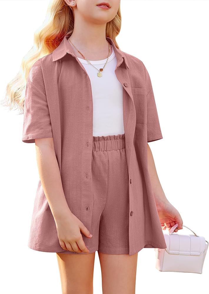 Girls 2 Piece Linen Set Kids Outfits Cotton Button Down Short Sleeve Collared Shirt Set 6-13 Year... | Amazon (US)