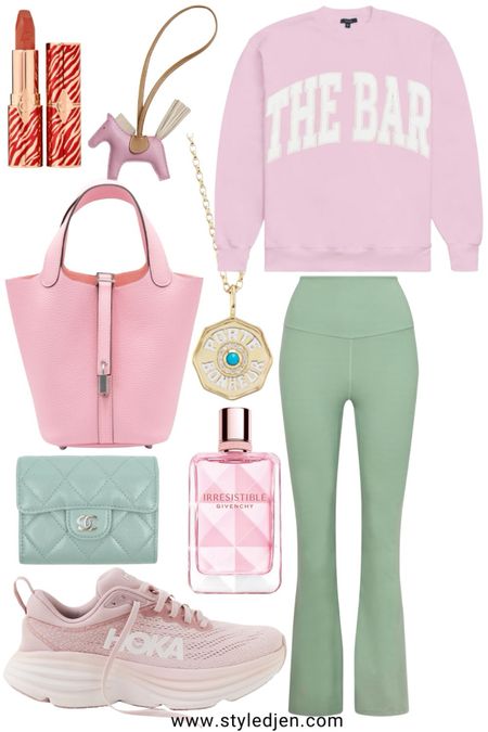 Spring pink and green athleisure lounge outfit - lululemon groove flare leggings in Palm Court (love this shade of green!), the bar pink sweatshirt, pink hoka sneakers, new givenchy perfume is SO amazing and Marlo laz necklace 

#LTKstyletip #LTKSeasonal #LTKfindsunder100