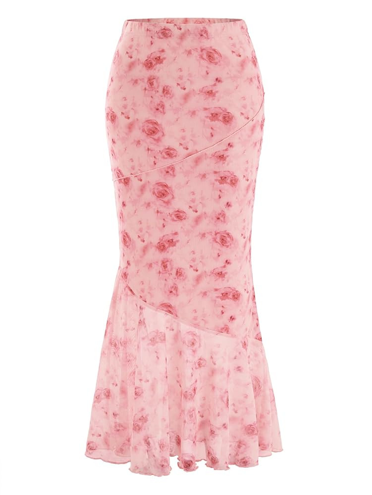 Verdusa Women's Floral Print High Waist Bodycon Ruffle Hem Fishtail Long Skirt | Amazon (US)