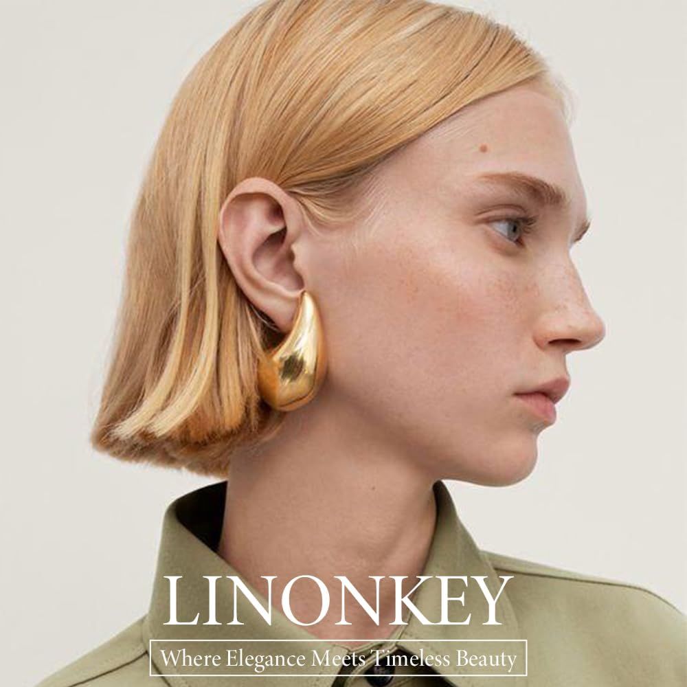 LINONKEY Gold Teardrop Earrings for Women Set 3 Pair Large Medium Small Chunky Gold Hoop Earrings... | Amazon (US)