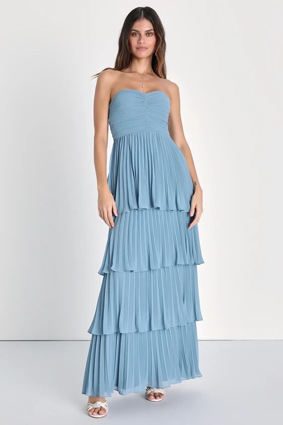 Seriously Sensational Blue Pleated Strapless Tiered Maxi Dress | Lulus (US)