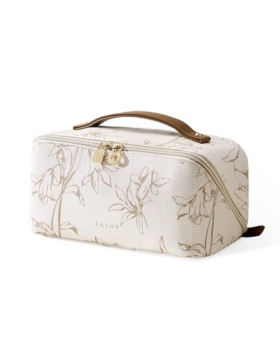EACHY Travel Makeup Bag, Large Capacity Cosmetic Bags for Women, Waterproof Portable Pouch Open Flat Toiletry Bag Pattern Make up Bag (F-Beige) | Amazon (US)