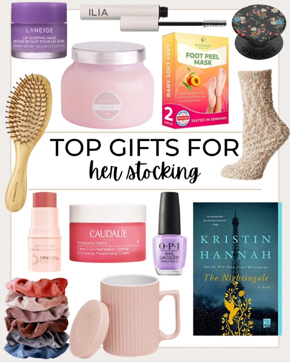 Stocking stuffer gifts for her include UGG fuzzy socks, pop socket, foot peel mask, candle, Laneige lip mask, detangling brush, ilia mascara, terracotta color stick makeup, scrunchies, intense hydrating moisturizer, OPI nail polish, coffee mug with lid, and The Nightingale book.

Stocking stuffers, gifts for her, Christmas gifts, small gifts, gift guide, gifts for her 

#LTKunder50 #LTKHoliday #LTKGiftGuide