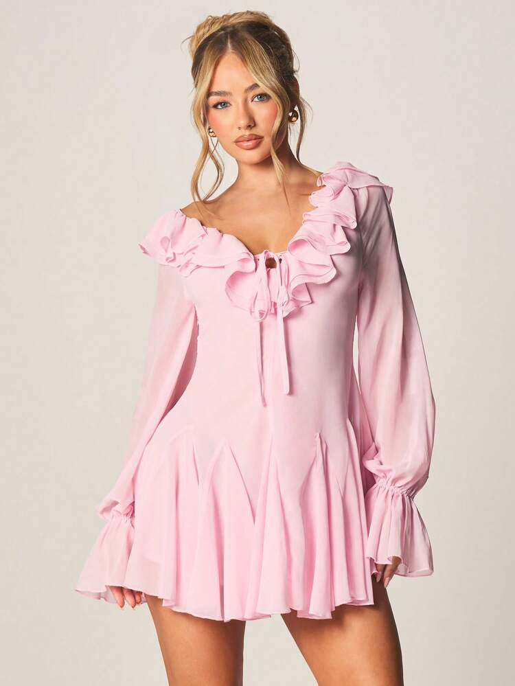 MISSGUIDED Off Shoulder Ruffle Neck Baby Pink Chiffon Mini Dress With Tie Detail Balloon Sleeves For Spring Summer Party Evening | SHEIN
