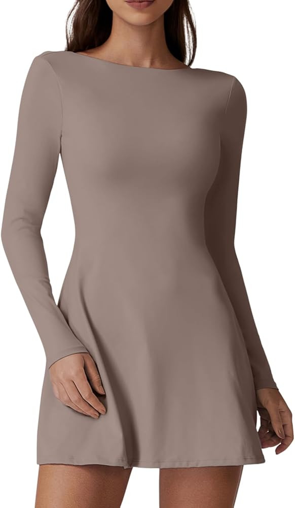 QINSEN Women's Open Back Tennis Dress Long Sleeve Built in Shorts Golf Athletic Dress with Pocket... | Amazon (US)