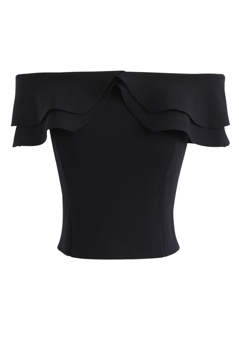 Off-Shoulder Tiered Cropped Knit Top in Black | Chicwish
