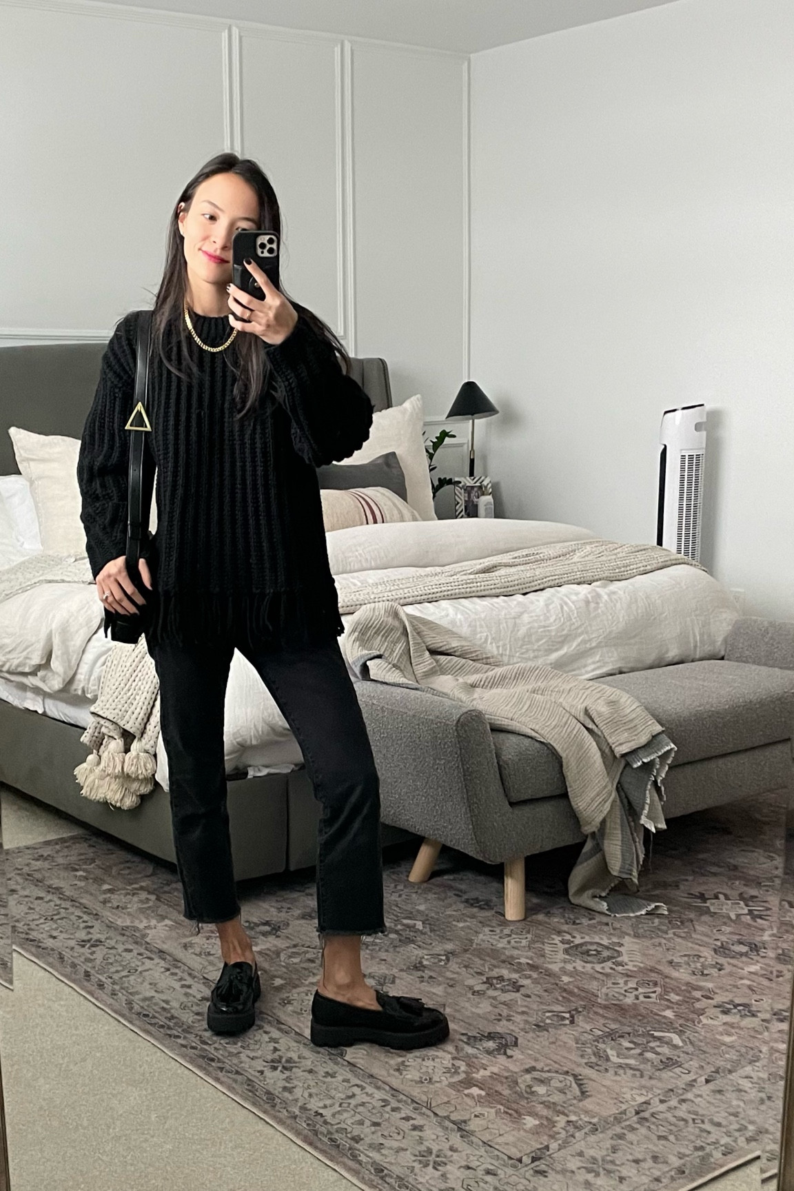 Fringe trimmed sweater. Kick crop denim. Lug loafers. Black denim. Loafers  

#LTKstyletip