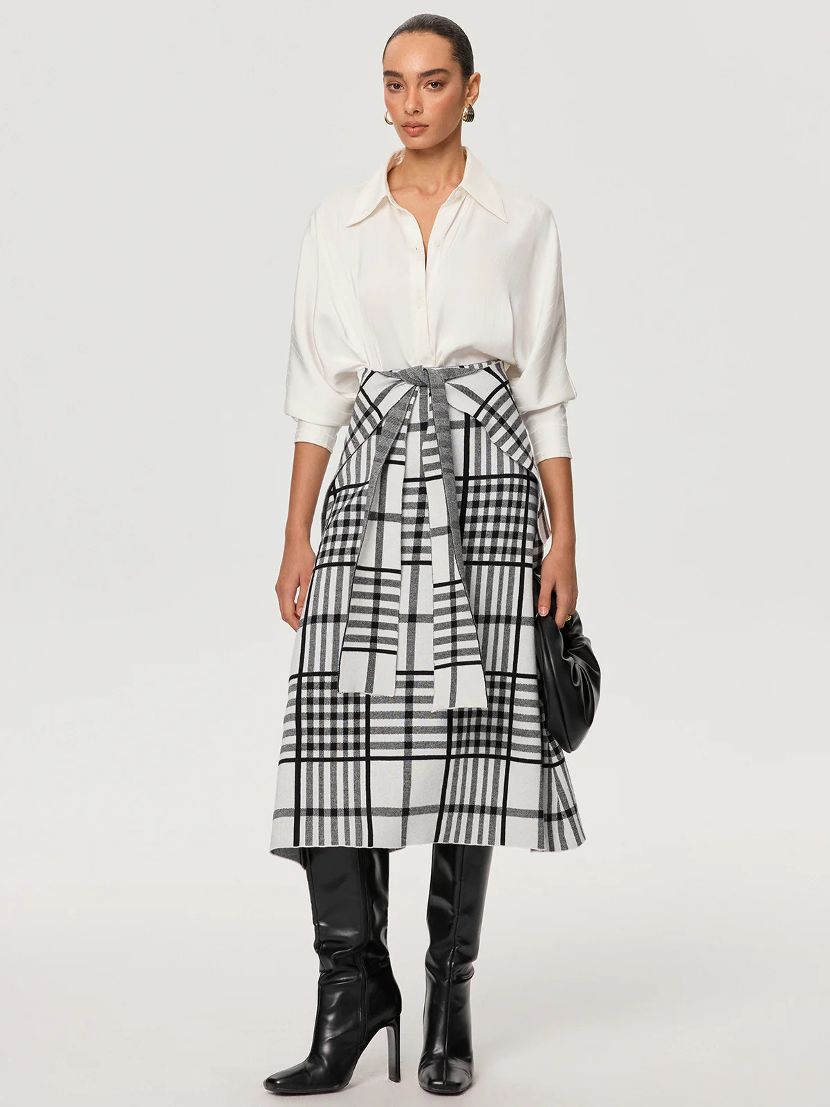 Plaid Wool Blend Midi Skirt with Apron Belt | Commense