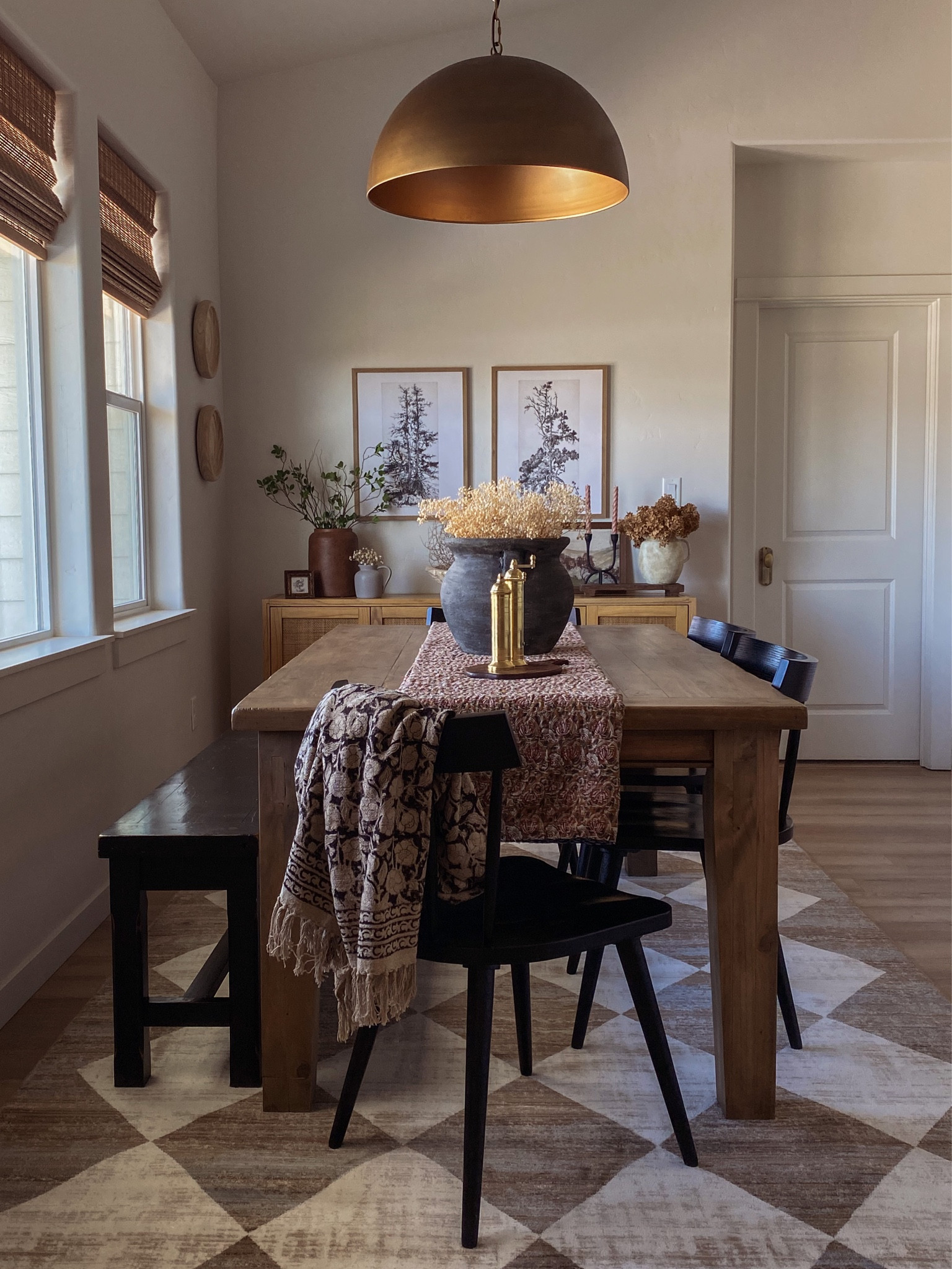 Dining room inspiration, modern rustic vibe, home decor, black dining chairs, checkered jute rug, roman shades, cabinet, dome lighting, affordable decor, neutral decor, look for less, Target style, organic modern, brass dome lighting, salt and pepper mills, rustic dining room table, Kantha quilt, collected vibe, brass salt and pepper mills, fall decor

#LTKsalealert #LTKhome #LTKSeasonal