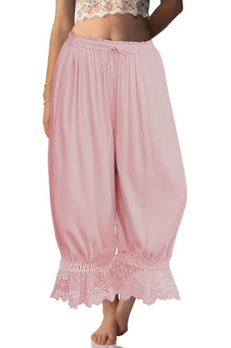 TARSE Women Linen Lace Trim Long Bloomers Pants Y2K Ruffle Victorian Vintage Pantaloons Summer Beach Travel Vacation Pants(PeachPink, XXL) | Amazon (US)