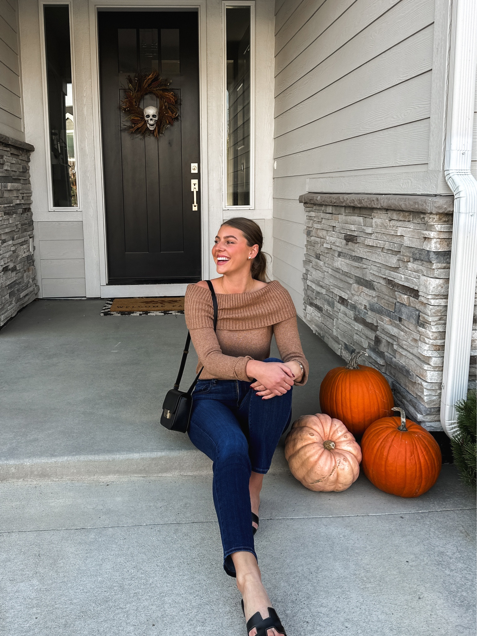 Off the shoulder sweater - small tall, stretch dark denim - 4/27 short (for a cropped length), black leather bag, fall outfit 

#LTKfindsunder100 #LTKsalealert #LTKSeasonal