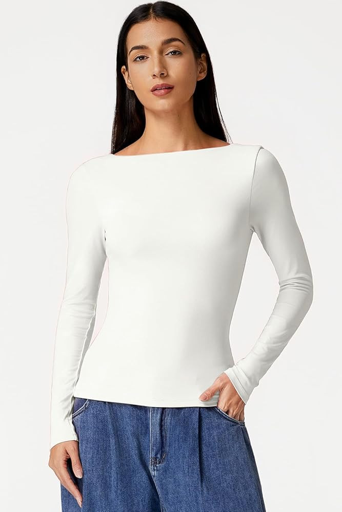 QINSEN Women's Cowl Back Long Sleeve Shirts Boat Neck Double Lined Going Out Tops Stretchy Fitted... | Amazon (US)