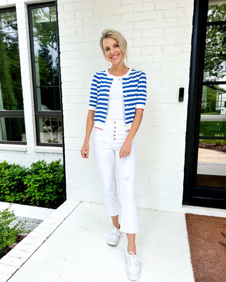 Such a fun little cardigan to snag now to wear for July 4! It has white and blue stripes and a little red detail on the color so it’s perfect and checks all the boxes! I’ll definitely be grabbing this to go watch the fireworks when the temperature drops at night. I paired it with all white but you totally don’t have to. You could totally wear this with blue jeans and navy or red tank.