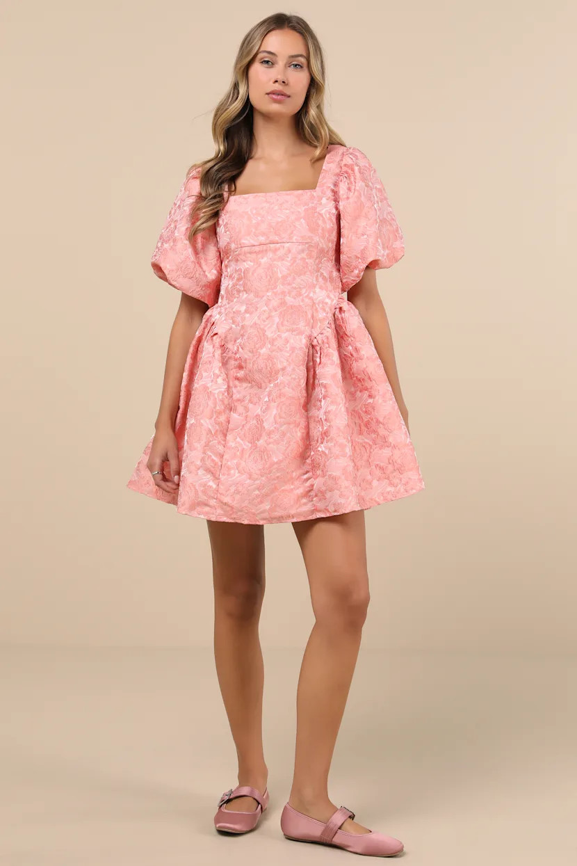 Recital Pink Jacquard Floral Puff Sleeve Mini Dress | Lulus