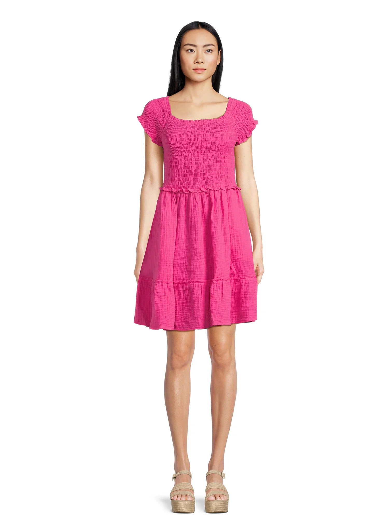 Time and Tru Women's Short Sleeve Smocked Mini Double Cloth Dress | Walmart (US)