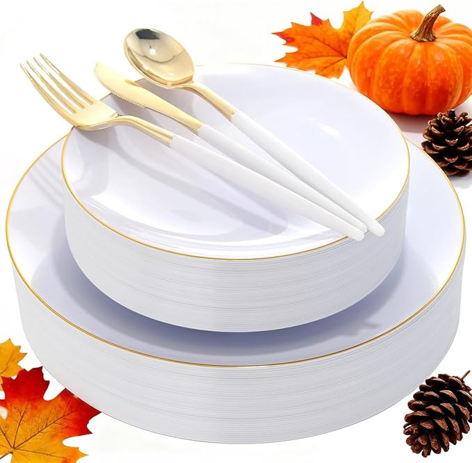 DaYammi 30 Guests Gold Plastic Plates with Disposable Silverware,Gold Cutlery with White Handle,W... | Amazon (US)
