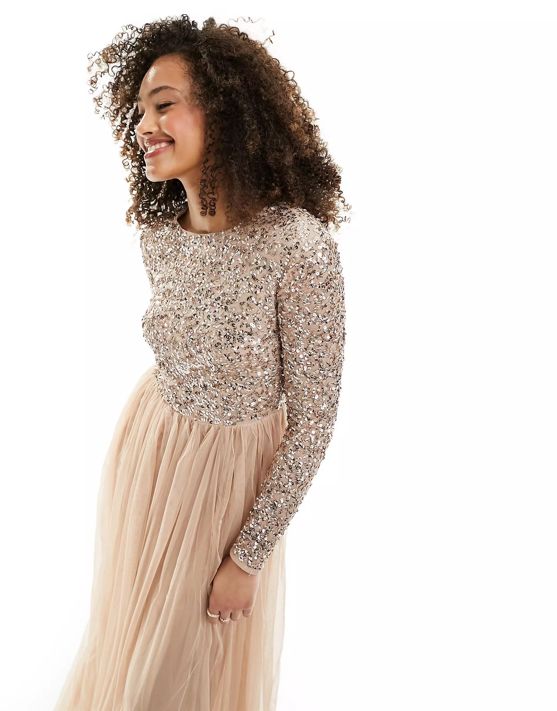 Maya Bridesmaid long sleeve maxi tulle dress with tonal delicate sequin in muted blush | ASOS (Global)