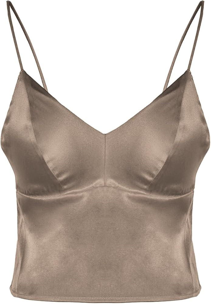 Women's Real Mulberry Silk Satin Bralette Camisole - Wireless Bra Crop Top, V-Neck Spaghetti Stra... | Amazon (US)
