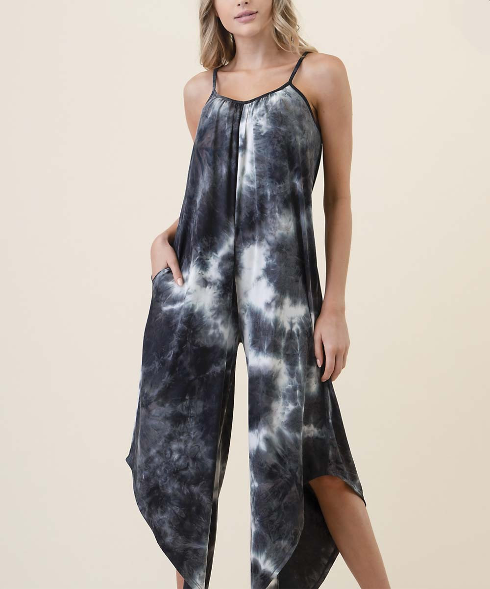 Frumos Women's Jumpsuits Black - Black & Ivory Tie-Dye Pocket Asymmetric-Leg Jumpsuit - Women & Plus | Zulily