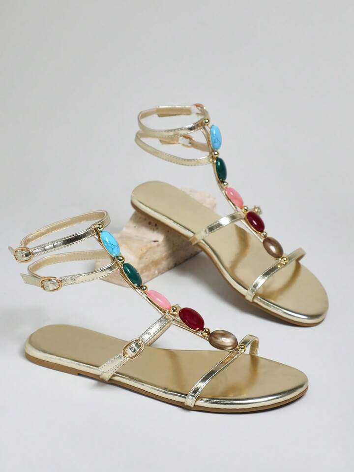 SHUZIA Hot New Exquisite Gold Sandal Adorned With Vibrant Colorful Stones Strappy Buckle Round To... | SHEIN