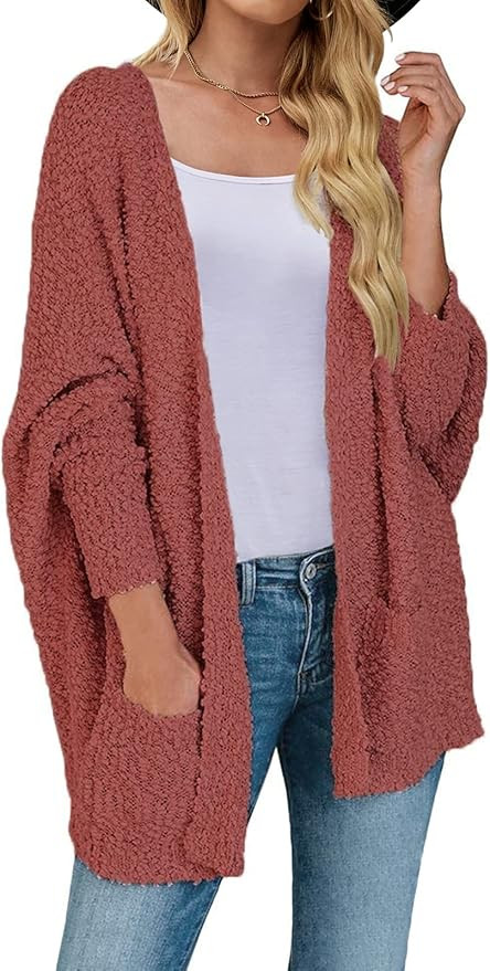 MEROKEETY Women's Fuzzy Popcorn Batwing Sleeve Cardigan Knit Oversized Sherpa Sweater Coat | Amazon (US)