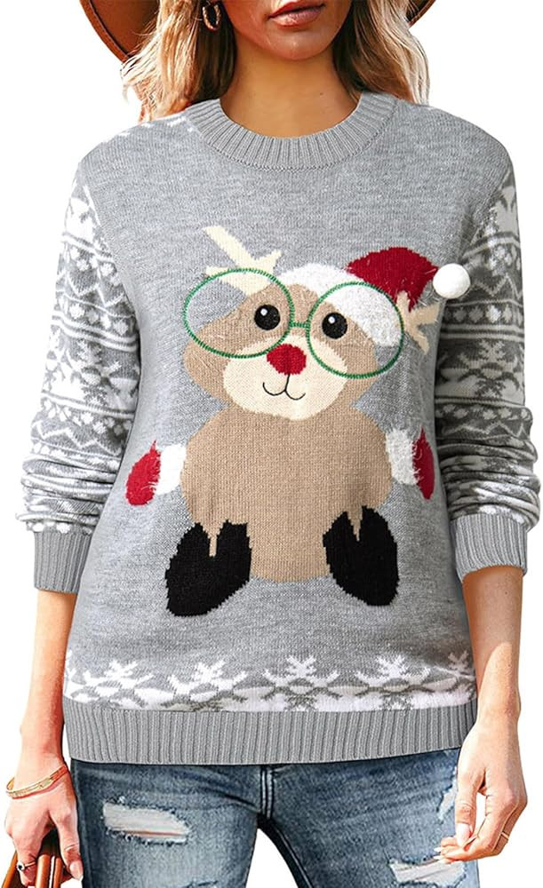 Pink Queen Women's 2025 Ugly Christmas Sweater Long Sleeve Knitted Pullove Xmas Jumpers Tops | Amazon (US)