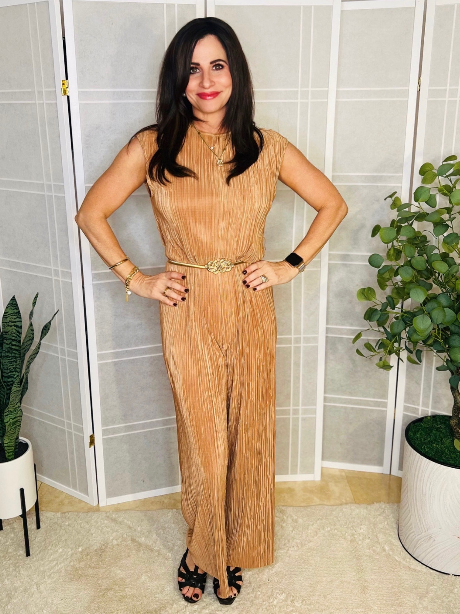 Plisse jumpsuit, nice for a Holiday Event. Wearing a sm 

#LTKsalealert #LTKover40 #LTKHoliday