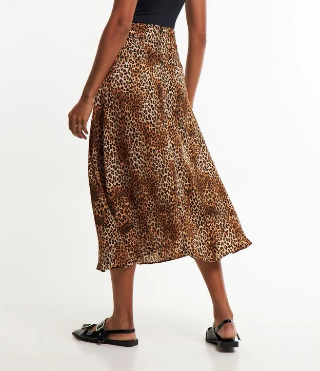 Saia Midi Evasê em Crepe com Estampa Animal Print Onça Marrom | Renner (BR)
