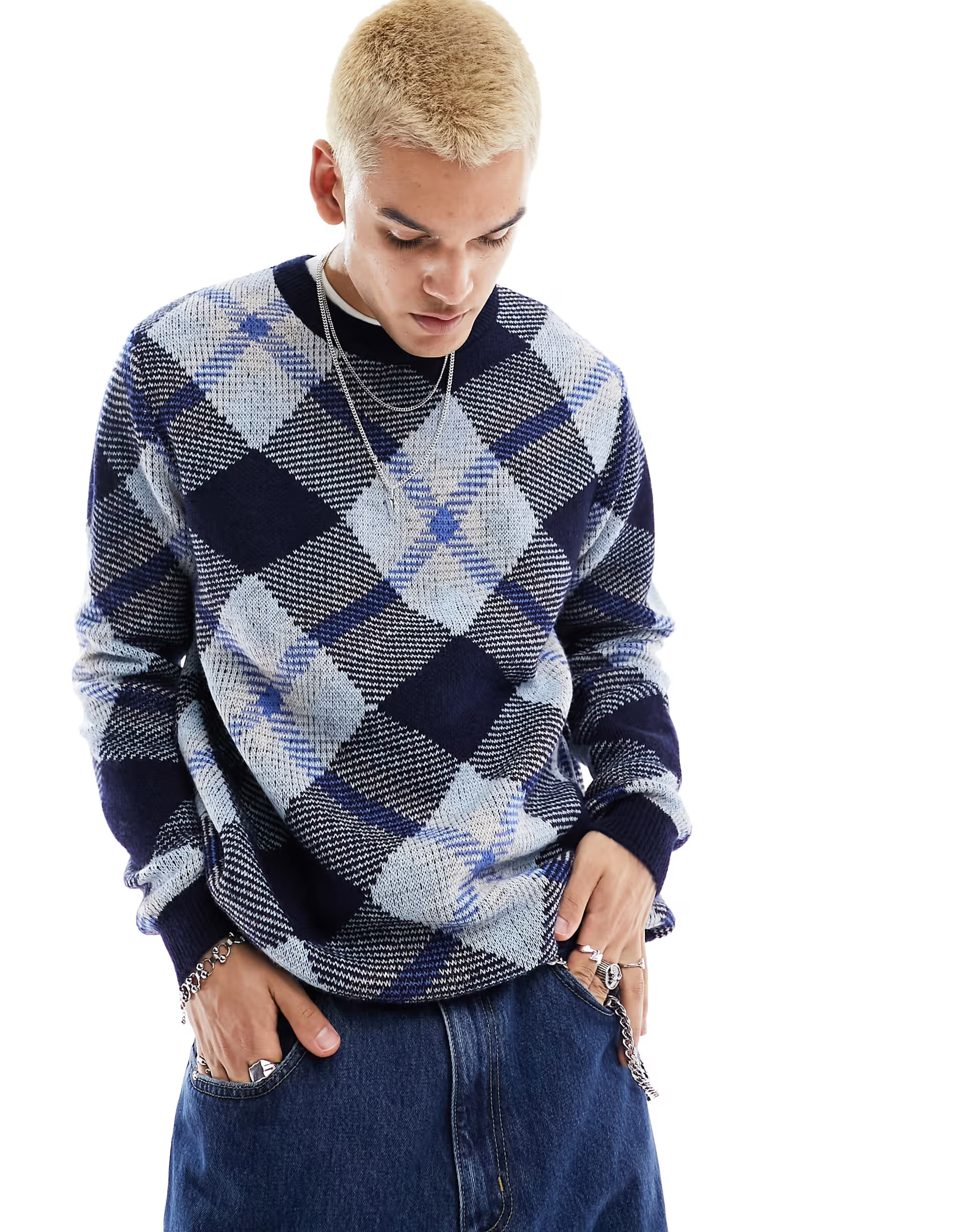 ASOS DESIGN oversized knit plaid crew neck sweater in blue | ASOS (Global)