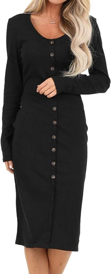 MIHOLL Women's Long Sleeve Dresses Casual Button Down Midi Sweater Dress | Amazon (US)